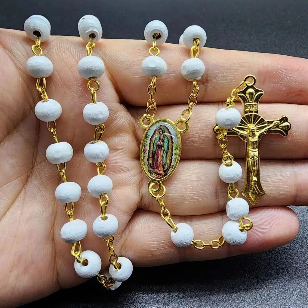White Wooden Rosary Necklace For Women Crucifix Cross Pendant Long Chain Necklace Men  Religious Catholic Prayer Jewelry Vera Lux