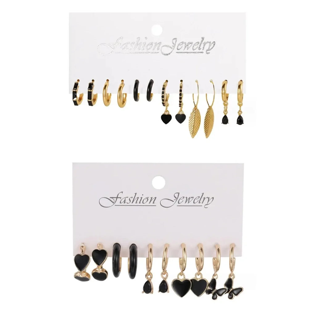 Simple 11 Pcs Black Heart  Leaf Butterfly Earrings Set for Women Fashion Temperament Hoop Earring Holiday Wedding Jewelry Gift Vera Lux