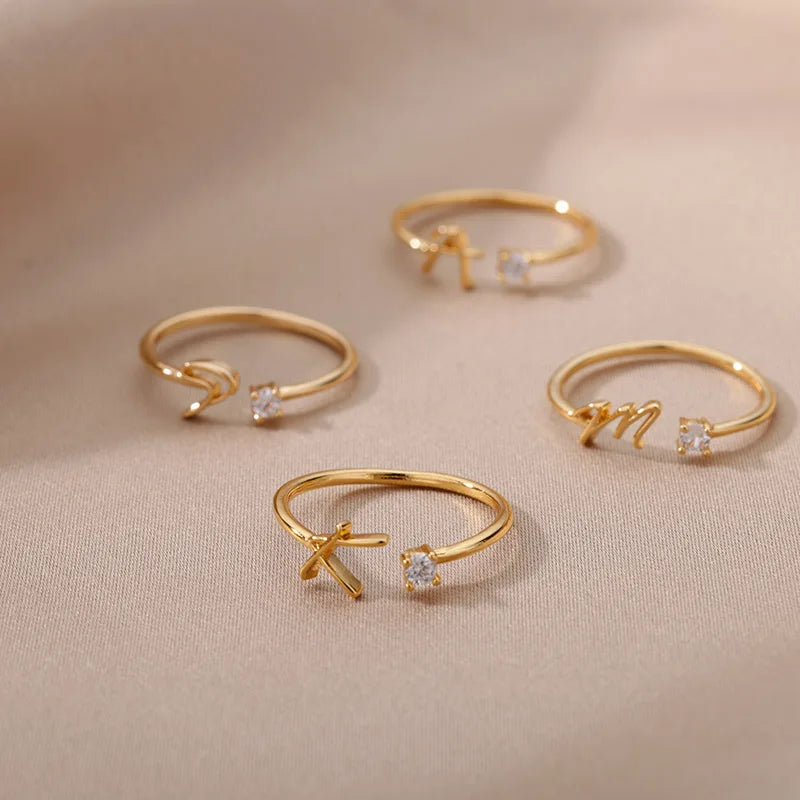Zircon Tiny Initial Letter Rings For Women Stainless Steel A-Z Letters Adjustable Ring Female Christmas Aesthetic Jewelry Gift Vera Lux