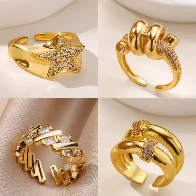 Zircon Star Knot Rings For Women Gold Color Stainless Steel Geometric Adjustable Finger Rings Wedding Couple Jewelry Gifts Vera Lux