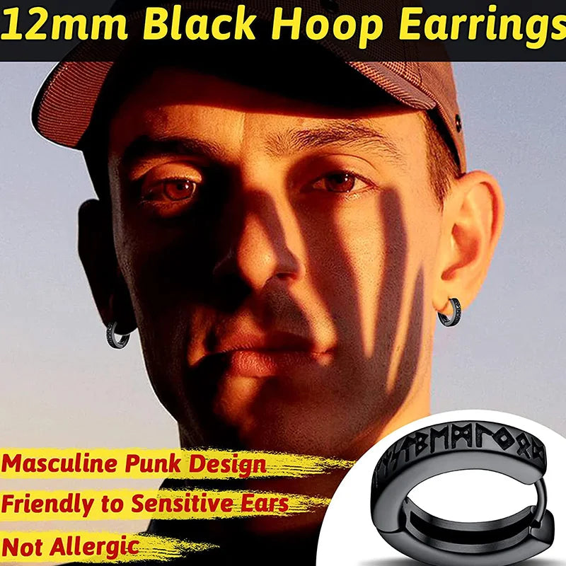 Stainless Steel Norwegian Viking Rune Hoop Earrings For Men Woman Unisex 12 Mm Huggie Hoop Religious Earring Jewelry Vera Lux
