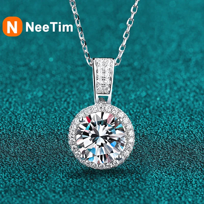 NeeTim 2Carat Moissanite Necklace For Women 100% Sterling S925 Silver With White Gold Plated Lab Diamond Jewelry Wedding Pendant Vera Lux