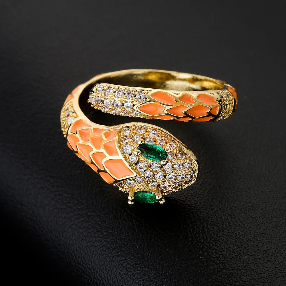 NEWBUY Fashion 6 Colors Enamel Expoxy Snake Open Rings For Women Luxury AAA Cubic Zirconia Pave Setting Copper Jewelry Female Vera Lux
