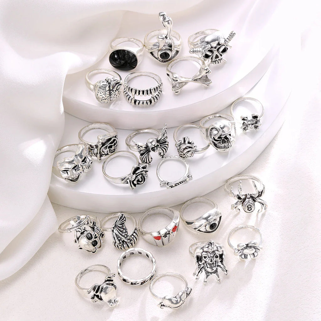24 Pcs Gothic Skeleton Unisex Ring Set Punk Grunge Butterfly Frog Woman Man Jewelry Hip Hop Party Street Ring Accessories Gift Vera Lux