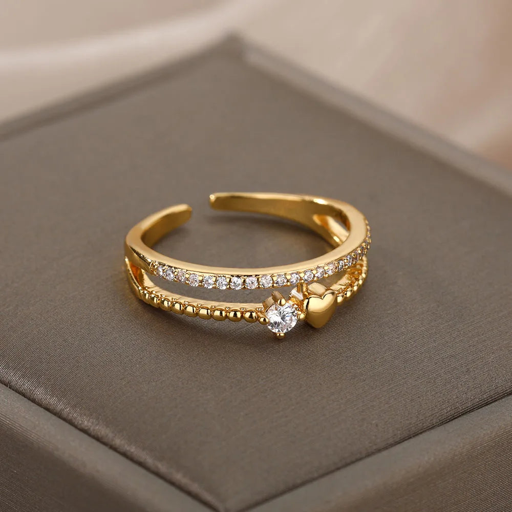 Zircon Heart Rings For Women Stainless Steel Gold Color Adjustable Open Finger Ring Wedding Aesthetic Jewelry Gift 2024 Vera Lux