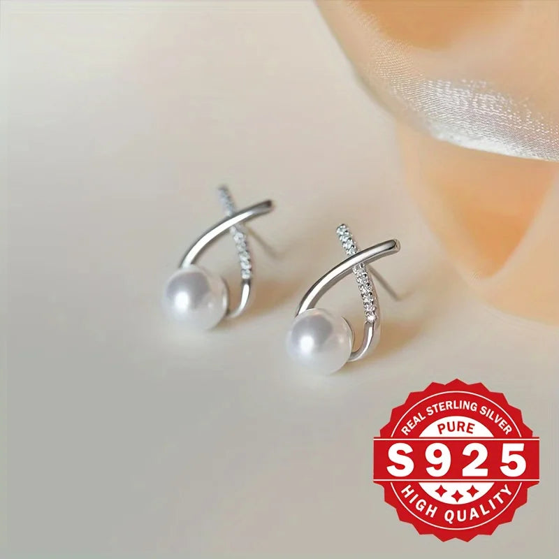 S925 silver, women's cross-tail shellfish pearl earrings, inlaid with synthetic zircon, elegant and suitable for daily wear Vera Lux