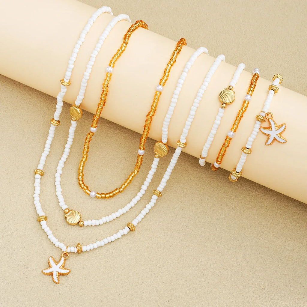 6Pcs/Set Rice Beaded Shell Starfish Pendant Necklace Bracelets Bohemian Elegant Gold White Color Jewelry Set Holiday Accessories Vera Lux