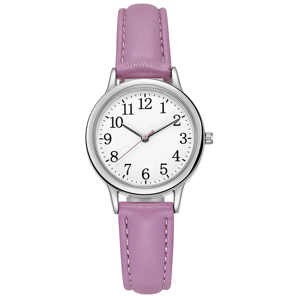 Leisure Fashion Women Quartz Watch Easy to Read Arabic Numerals Simple Dial PU Leather Strap Lady Candy Color Vera Lux