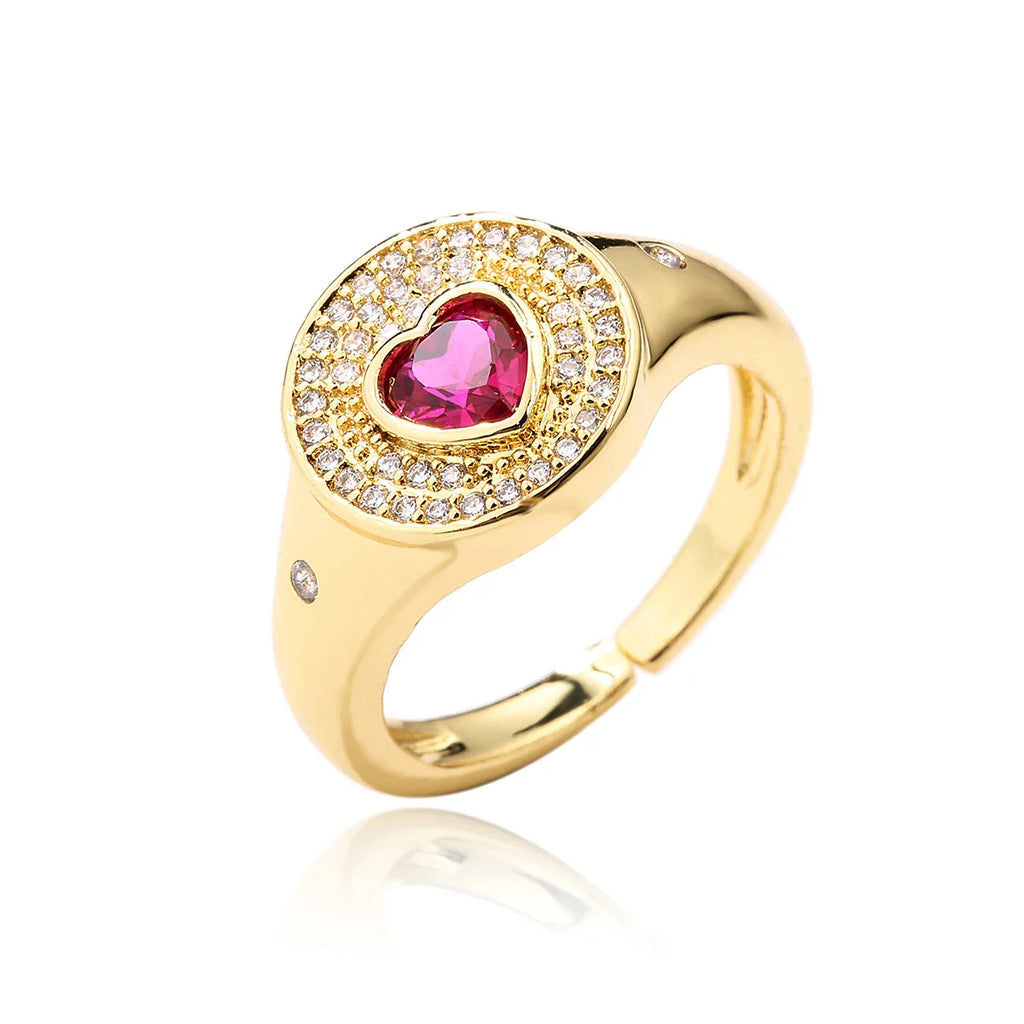 NEWBUY 2024 Hot Sale Red/Green CZ Zircon Heart Rings For Women Adjustable Gold Color Copper Wedding Jewelry Femme Bijoux Vera Lux