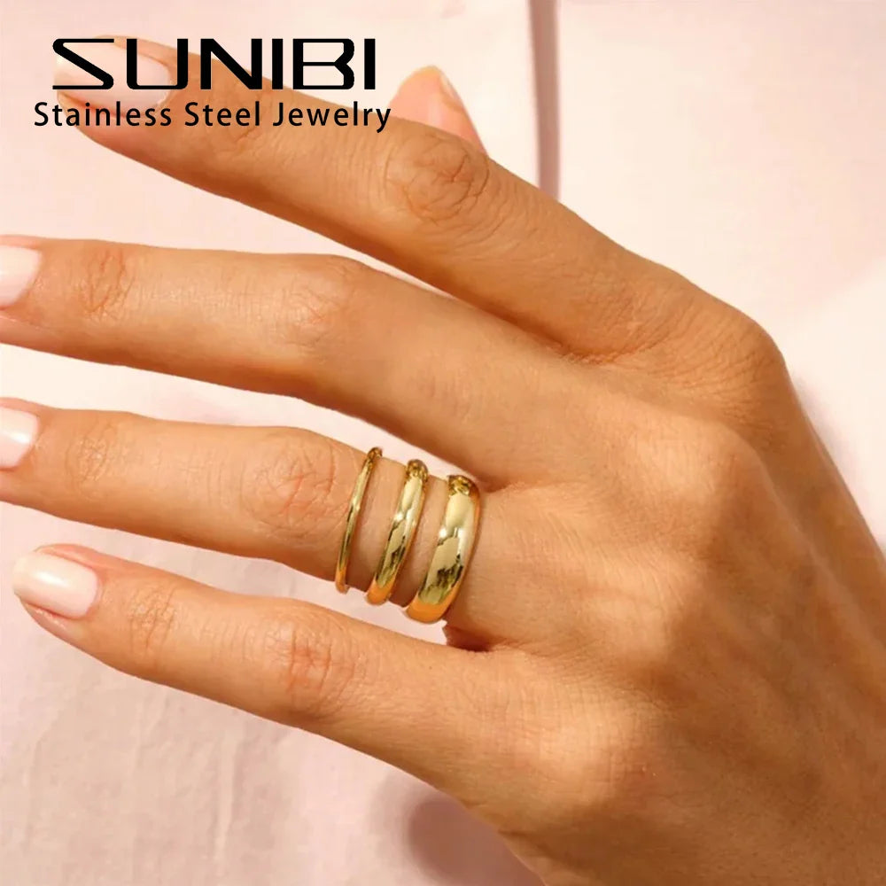 SUNIBI Minimalist Women's Stainless Steel Rings Thin Classic Combo Dome Stacking Steel Wedding Rings Gift Gold Color Jewelry Vera Lux