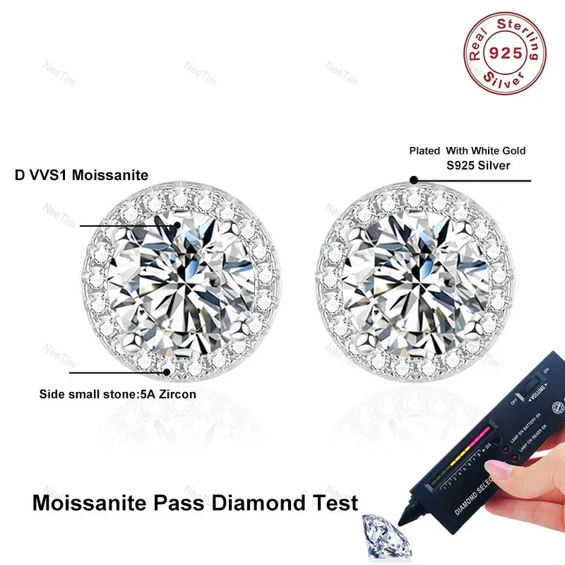 NeeTim 0.5-2CT Moissanite Stud Earrings for Women Sparkling Lab Diamond Sterling Silver S925 Wedding Party Jewelry Certified Vera Lux