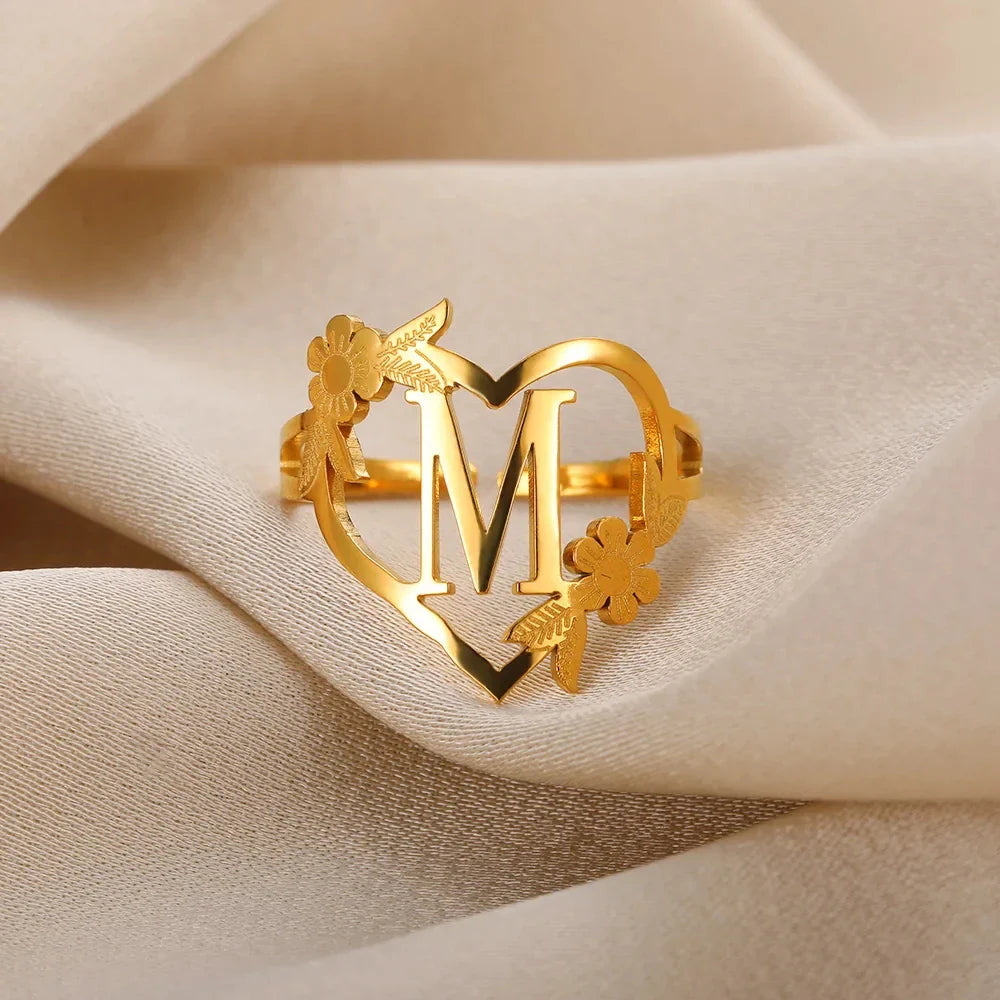 Stainless Steel Initials Letter Heart Rings for Women Girls Gold Color Flower Alphabet Ring Fashion Valentine's Day Jewelry Gift Vera Lux