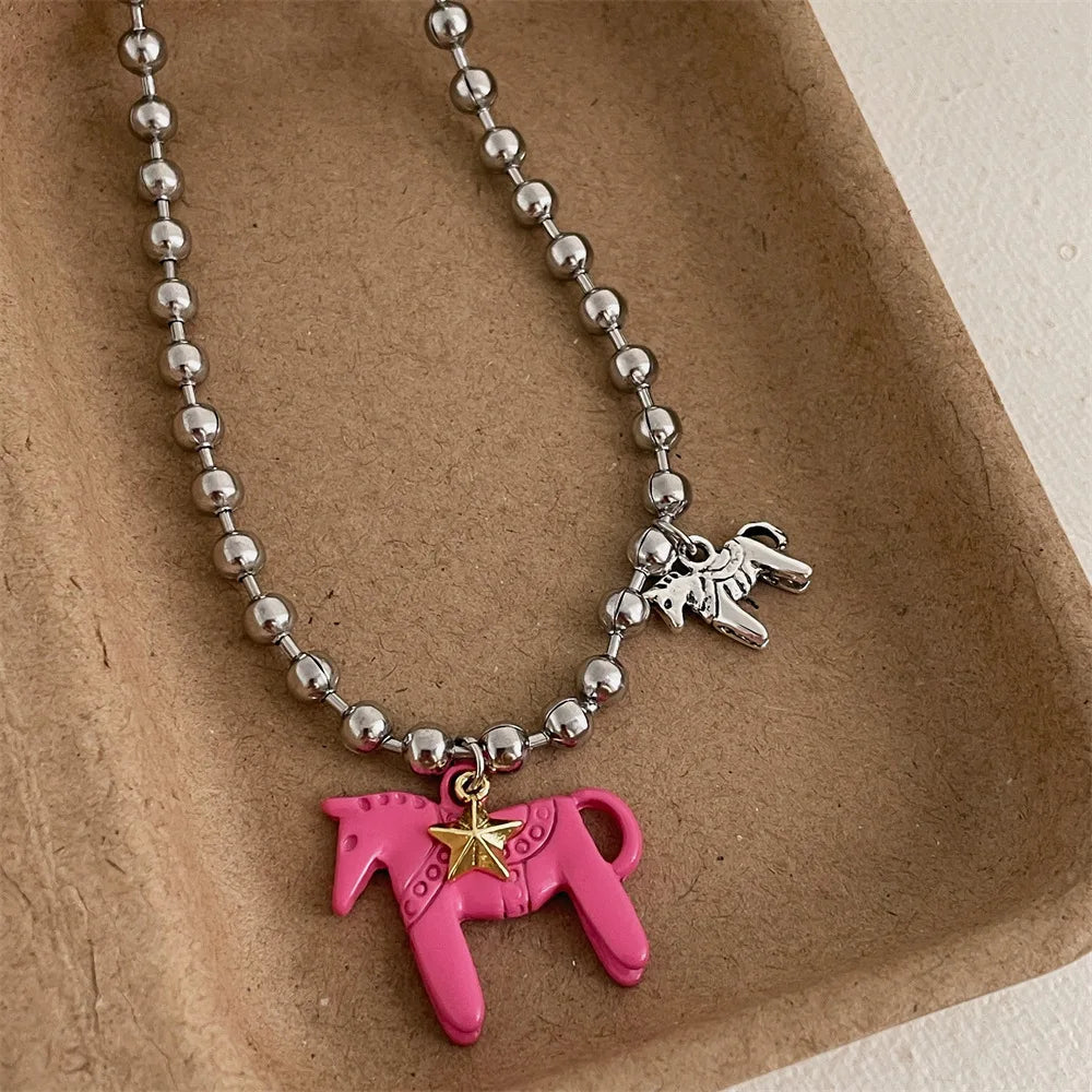 LATS White Black Green Blue Pink Color Enamel Colt Horse Pendant Necklaces for Women Silver Plated Alloy Beads Chain Chokers Vera Lux