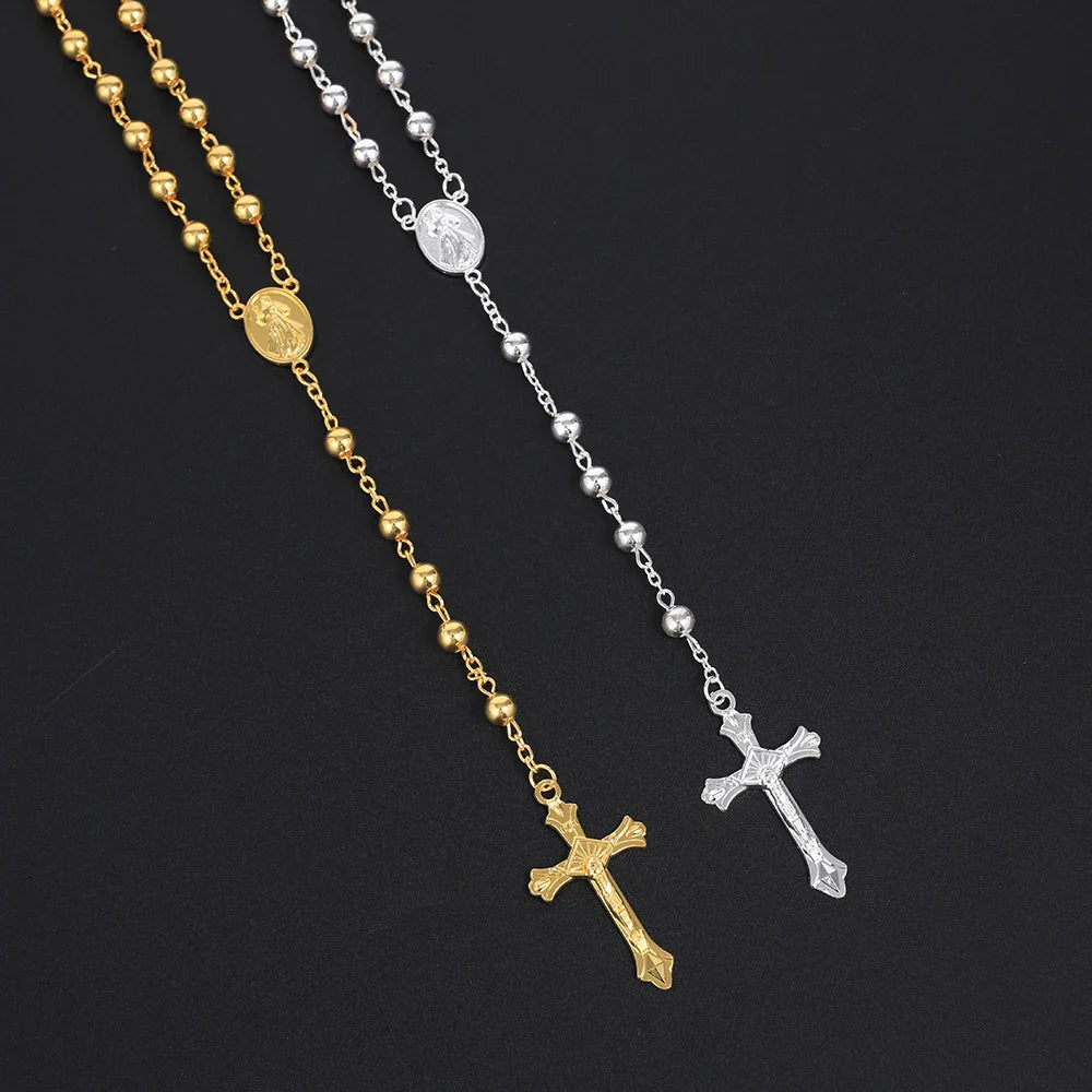Gold Color Rosary Necklace For Women Men Long 6MM Beads Chain Crucifix Cross Pendant Religious Prayer Party Jewelry Gift Vera Lux