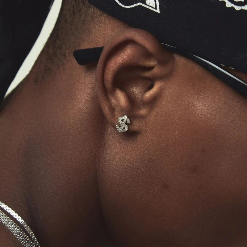 American Full Diamond Dollar Letter Stud Men's Senior Sense Super Flash Hip Hop Trend Niche Men's And Women's Fashion Earrings Vera Lux