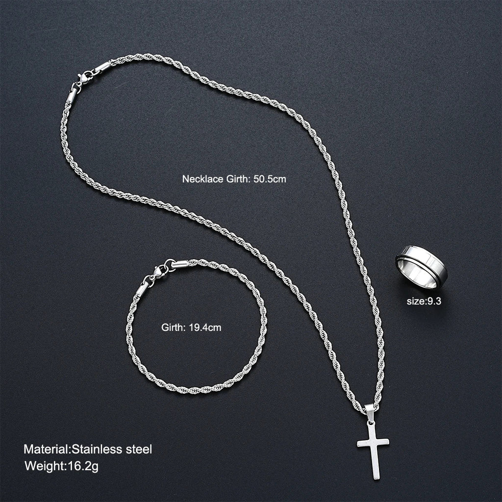 Stainless Steel Simple Jewelry Set For Men Women Fashion Silver Color Cross Pendant Twisted Rope Necklace Bracelets Ring Gifts Vera Lux