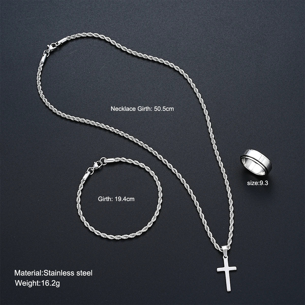 Stainless Steel Simple Jewelry Set For Men Women Fashion Silver Color Cross Pendant Twisted Rope Necklace Bracelets Ring Gifts Vera Lux