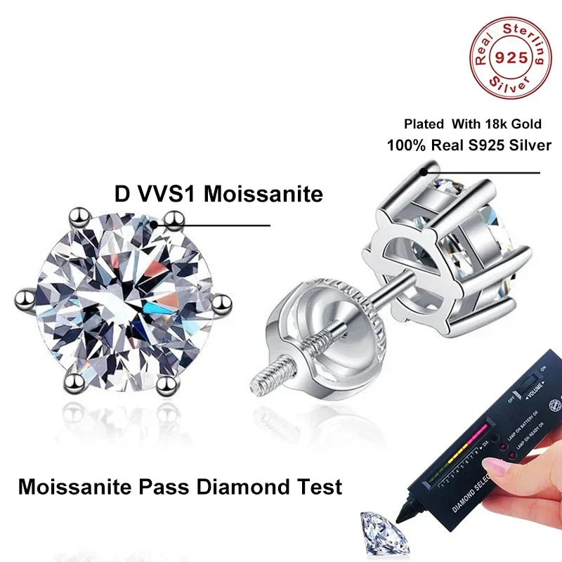 NeeTim 1ct 2ct Moissanite Earrings For Women Men Lab Diamond White Gold Plated 925 Sterling Silver Stud Earring Luxury Jewelry Vera Lux