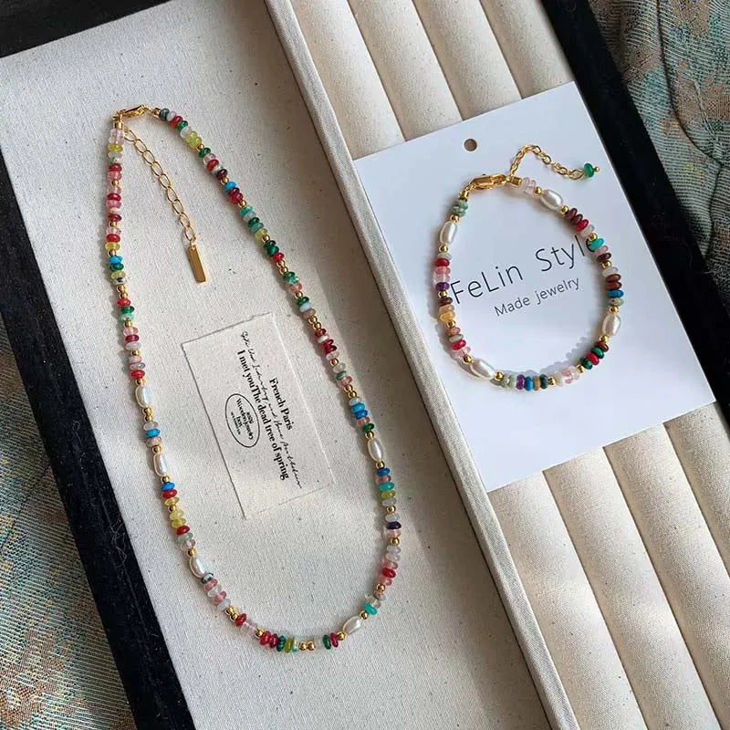 Fashion Colorful Beads Stone Natural Freshwater Pearl Necklaces For Women Retro Gold Color Clavicle Chain Necklace Jewelry Gifts Vera Lux