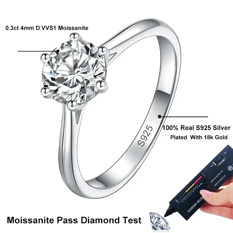 NeeTim 0.3ct 4mm Moissanite Diamond Ring for Women S925 Sterling Silver with Gold Plated Eternity Band Wedding Party Jewelry Vera Lux