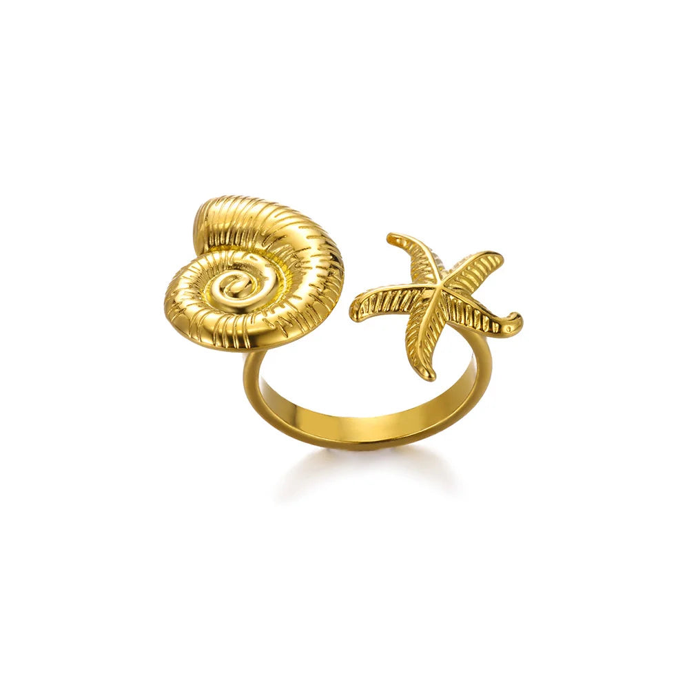 316L Stainless Steel Starfish Shell Rings for Women Gold Color Open Finger Ring Femme Trendy Summer Vacation Ocean Jewelry Gift Vera Lux