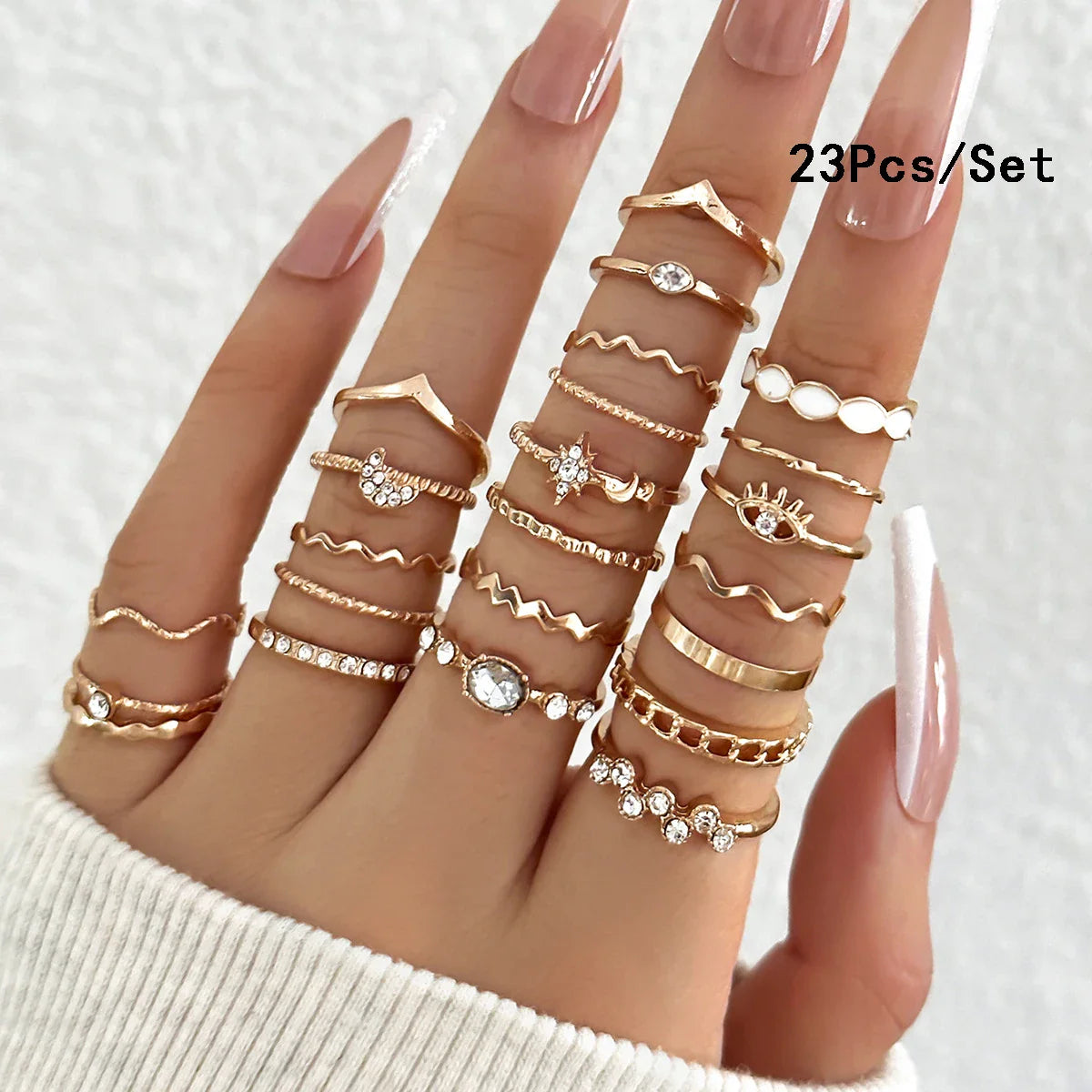 23Pcs Fashion Knuckle Rings Set For Women Crystal Star Moon Eye Wave Gold Silver Color Rings Female Trendy Party Jewelry Gift Vera Lux