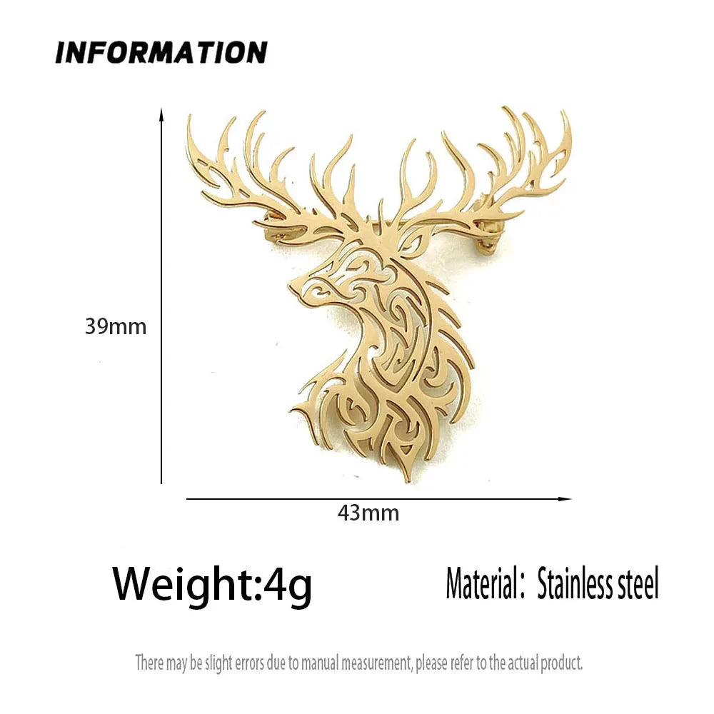 Creative punk style hollow sika deer stainless steel gold-plated 18K brooch, black suit accessories, wedding matching set Vera Lux