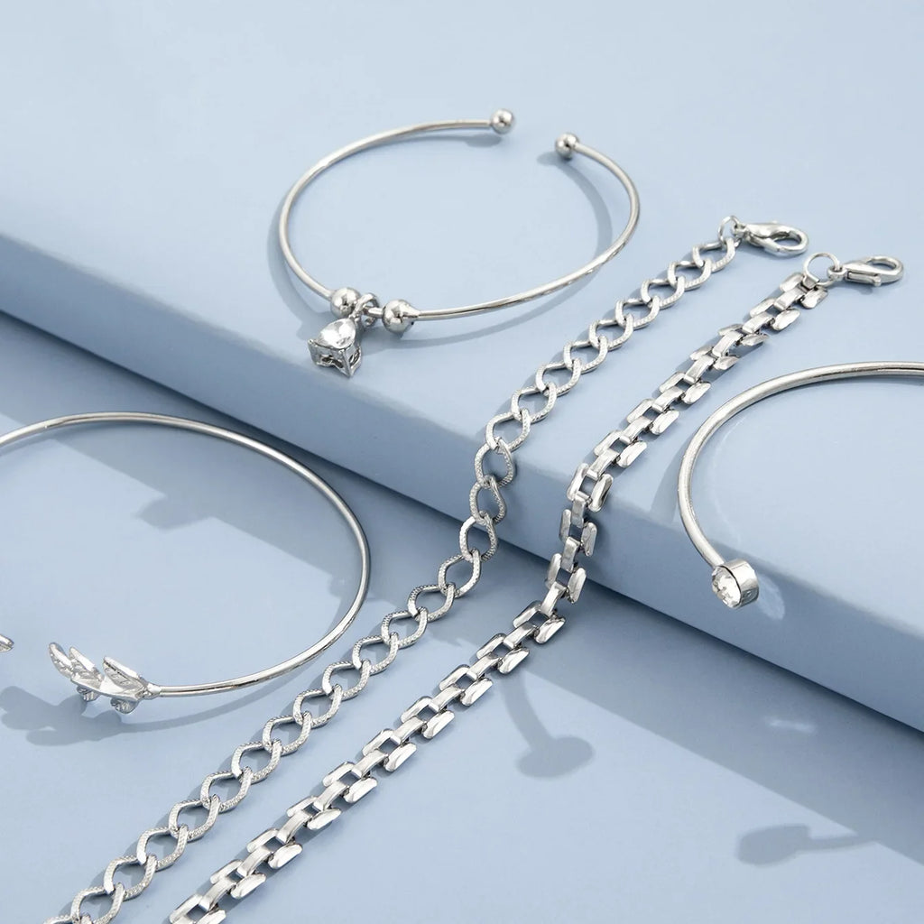 Bohemian Silver Color Geometric Link Chain Bracelet Set For Women Crystal Leaf Open Cuff Bangle Female Boho Jewelry Accessory Vera Lux