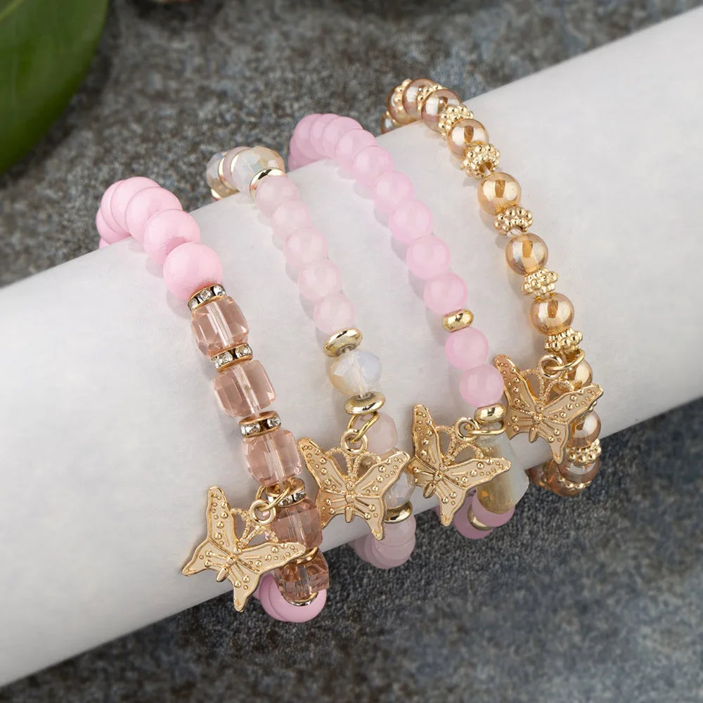 4Pcs Trendy Butterfly Beaded Bracelet Set For Women Pink Acrylic Beads Elastic Chain Bangle Female Bohemian Party Jewelry Gift Vera Lux