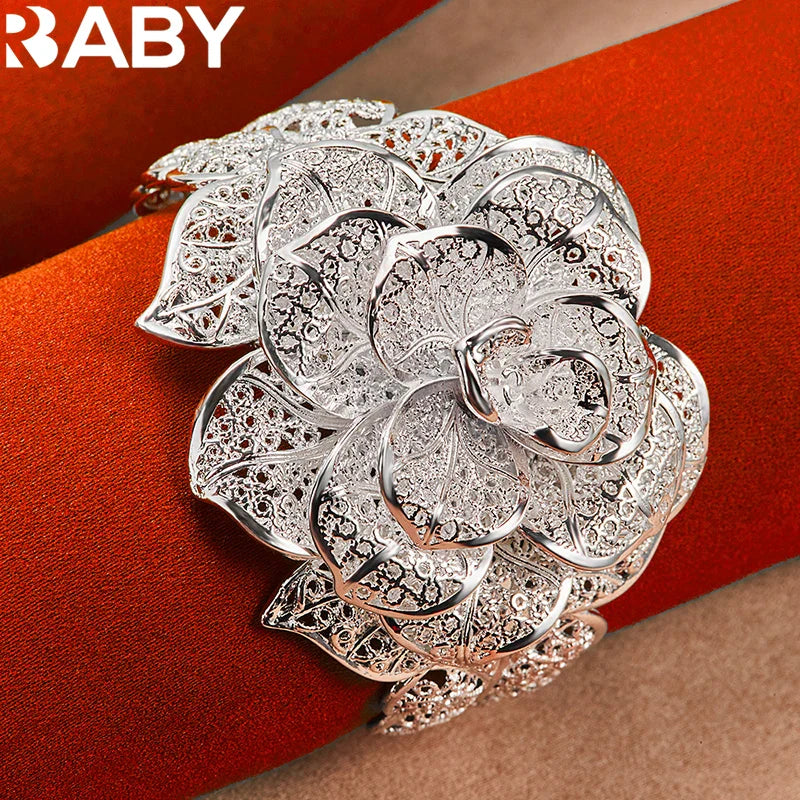 925 Sterling Silver Exquisite Pretty Camellia Flower Bracelet Bangles For Woman Charm Jewelry Wedding Engagement Fashion Party Vera Lux