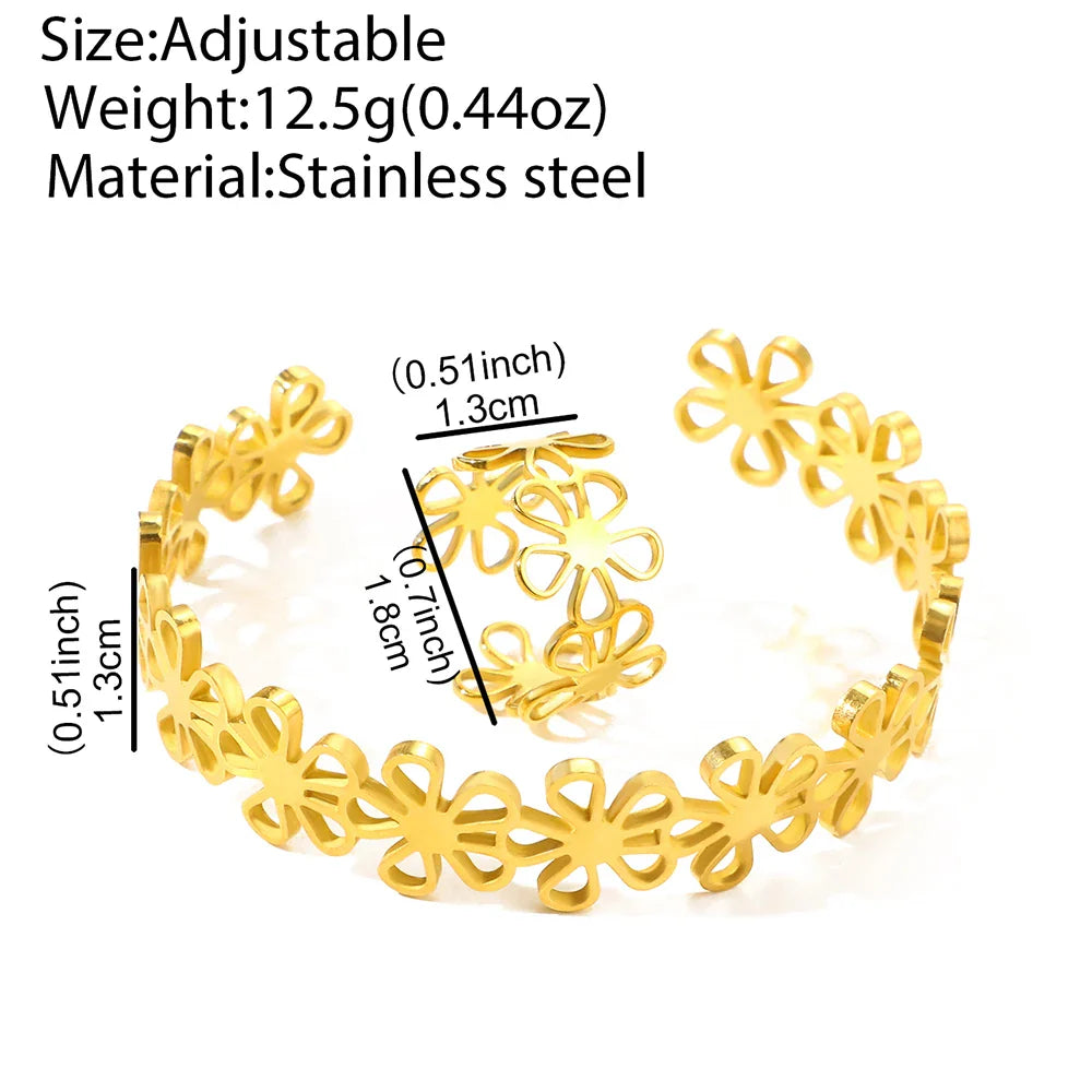 Stainless Steel Bracelet Rings Set Hollow Flowers Unusual Retro Bracelet Ring For Women Jewelry Non-fading High-quality Gift New Vera Lux