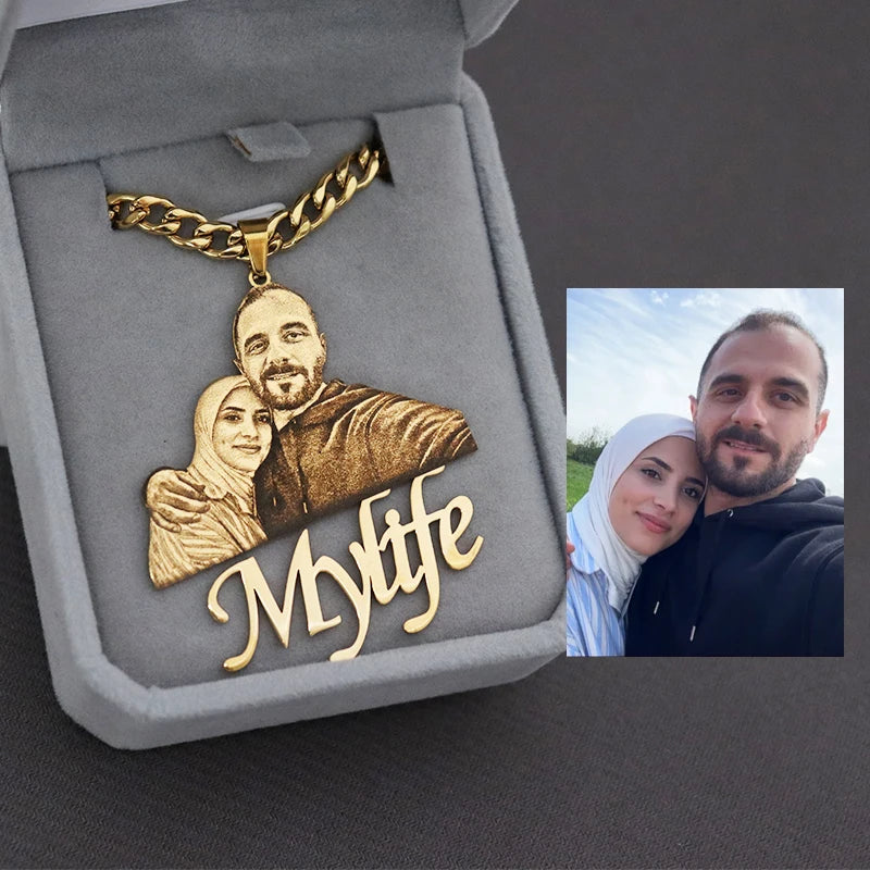 Custom Picture Nameplate Pendant Custom Photo Necklace Engraved Portrait Necklace Christmas Gift for Kids Jewelry Family Gifts Vera Lux