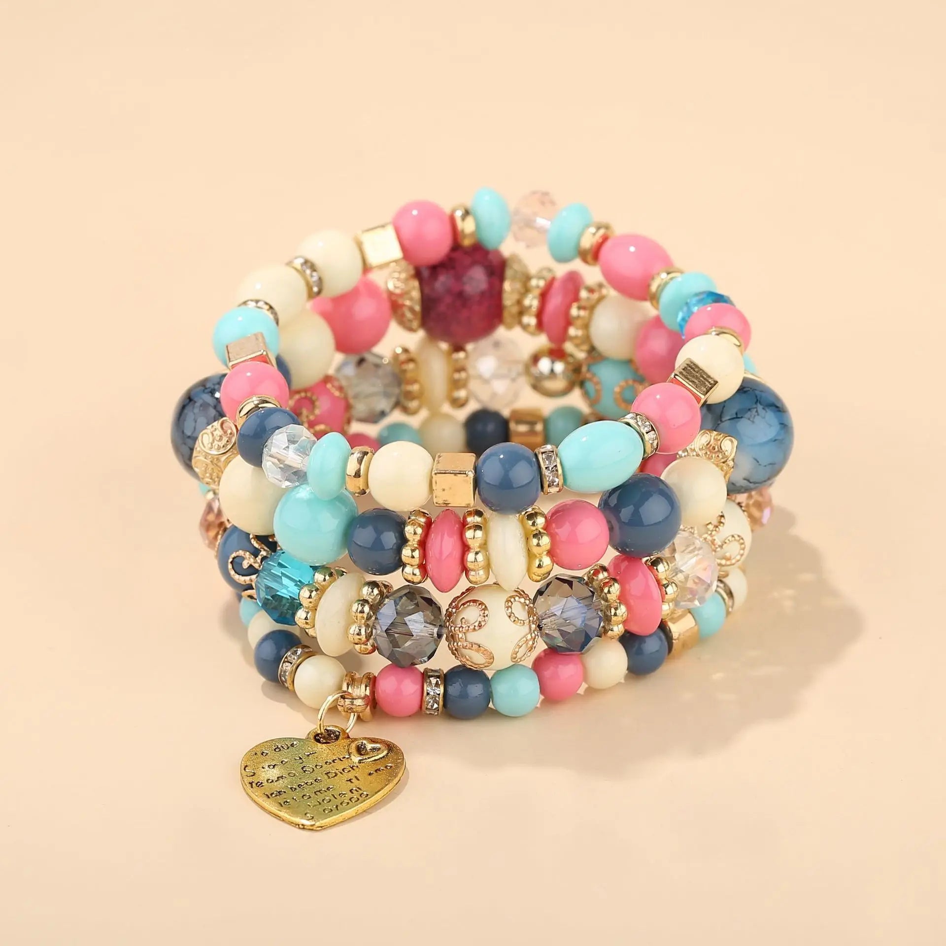 4Pcs Boho Crystal Beads Chain Bracelet Set For Women Vintage Heart Charm Elastic Bangle Female Fashion Party Jewelry Vera Lux