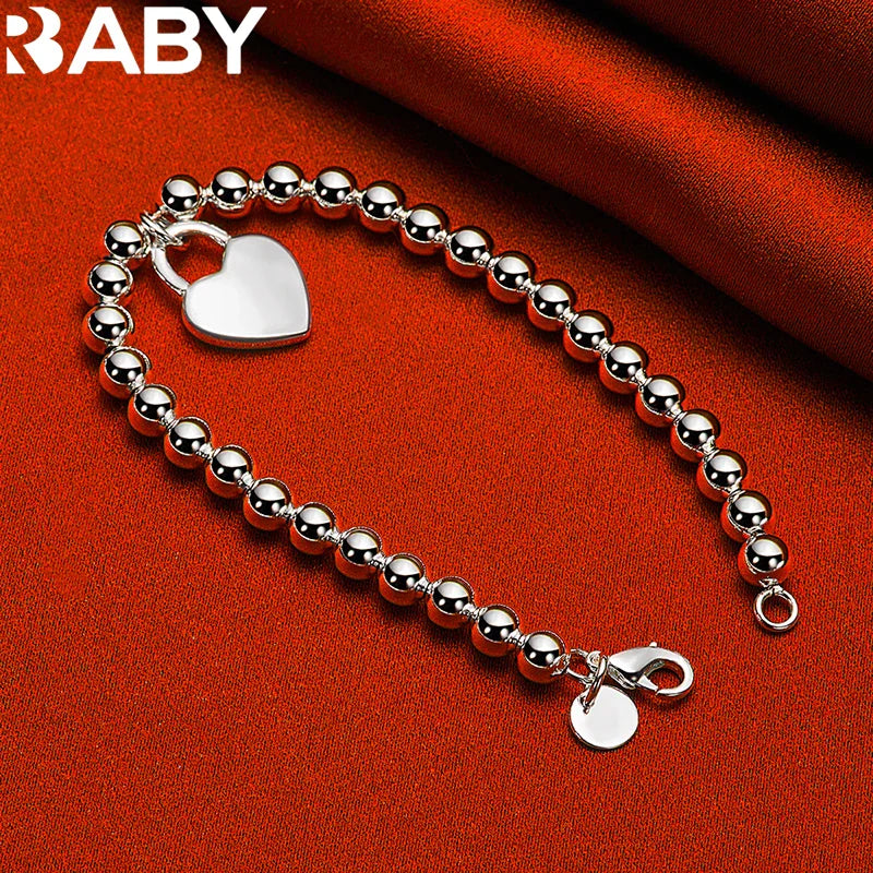 URBABY 925 Sterling Silver Smooth Beads Chain Heart Pendant Bracelet For Woman Wedding Party Fashion Jewelry Gift Vera Lux