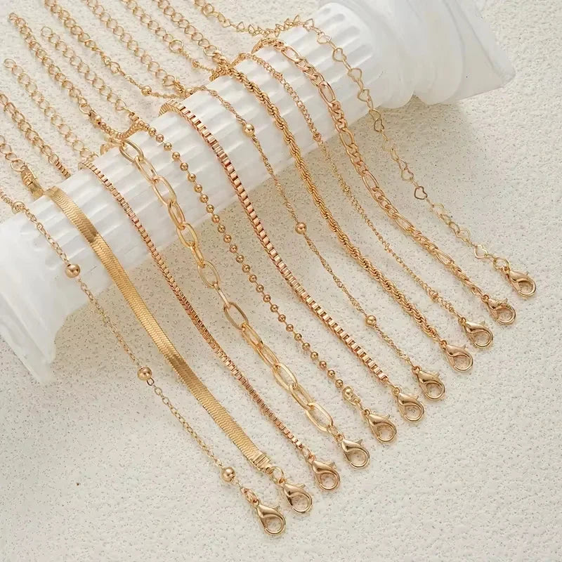 11pcs Chic Snake Chain Bracelet Set for Women Boho Simple Elegant Heart Geometric Chain Vacation Date Casual Jewelry Gifts Vera Lux
