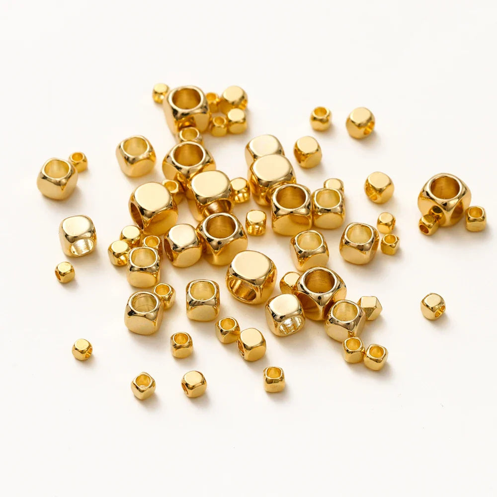 50pcs/lot 14K 18K Gold Brass Cube Square Spacer Beads Loose Charm Bead for DIY Bracelets Necklace Jewelry Making Accessories Vera Lux