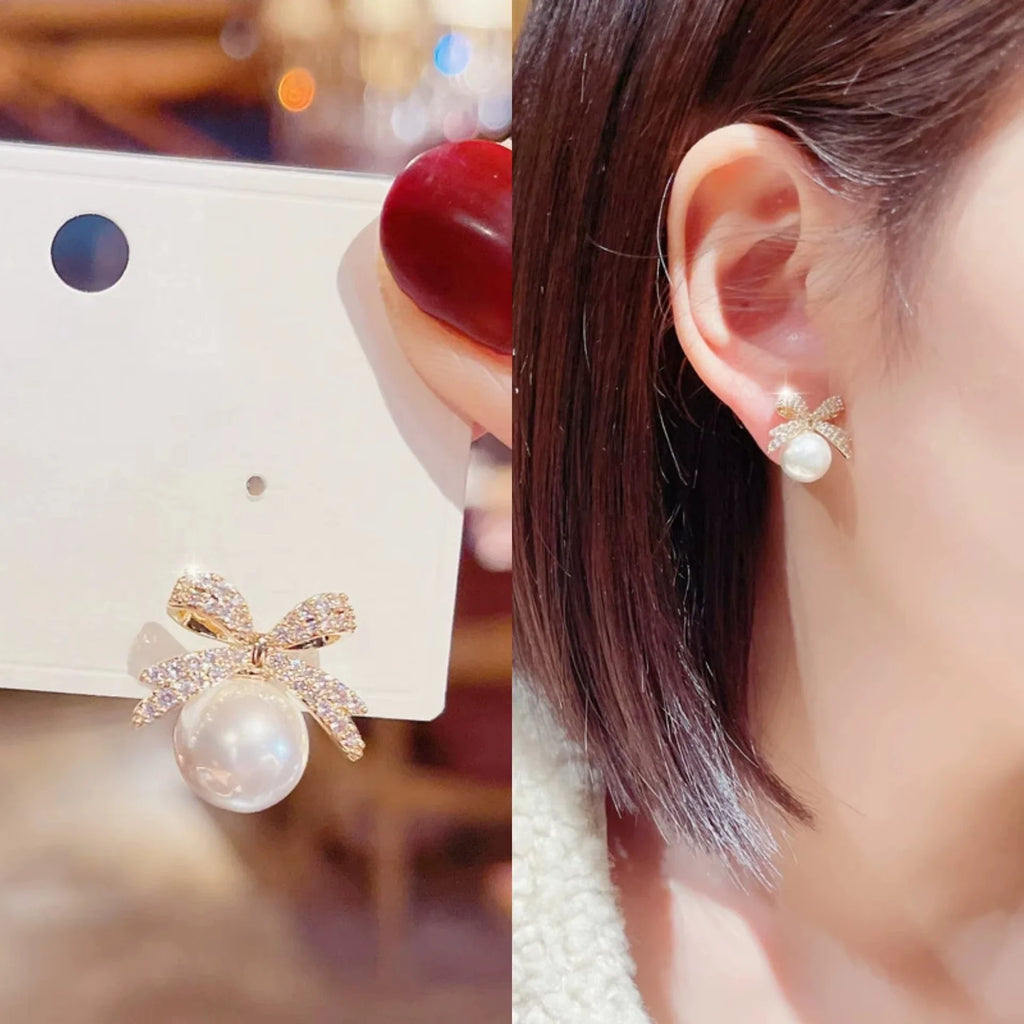 1par Micro Set Zircon Bow Pearl Pendant Earrings 2025 New Design Jewelry For Womens and Girls Fashion Ear Accessories Vera Lux