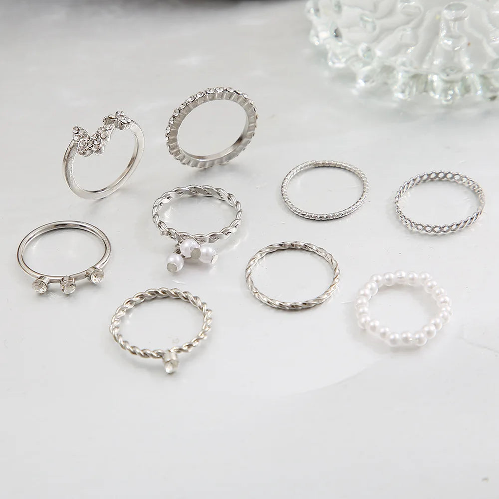 Bohemian Butterfly Pearl Rings Set for Women Shine Pearl Gothic Vintage Plated Retro Rhinestone Simple Finger Jewelry Gift Vera Lux