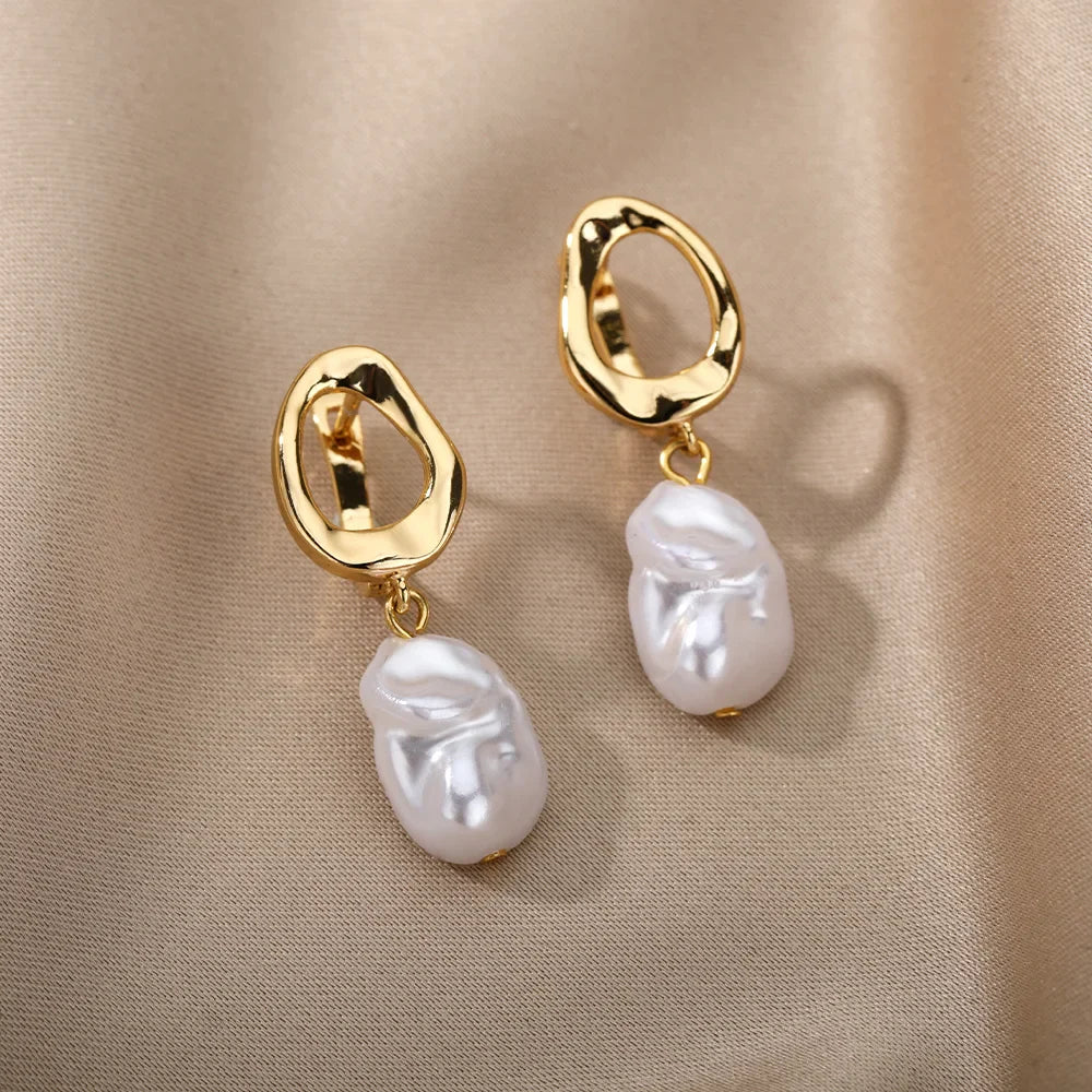 Fashion Circle Imitation Pearl Drop Earrings for Women Gold Color Stainless Steel Round Geometric Hoop Earring Wedding Jewelry Vera Lux