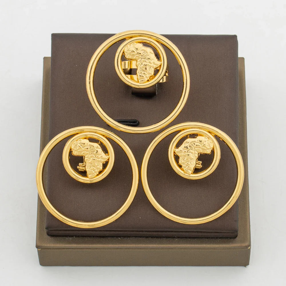 African Gold Color Earrings Ring Jewelry Set for Women Copper Alloy Clip Earrings and Finger Ring 2Pcs Set Weddings Daily Wear Vera Lux