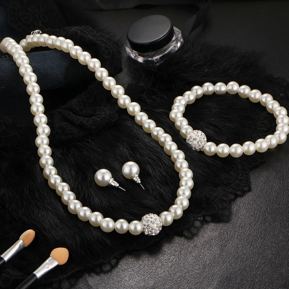 3 PCS Imitation Pearl Fireball Necklace Bracelet Earring Stud Jewelry Set Silver Color Crystal Stone Elegant Bridal Jewelry Gift Vera Lux