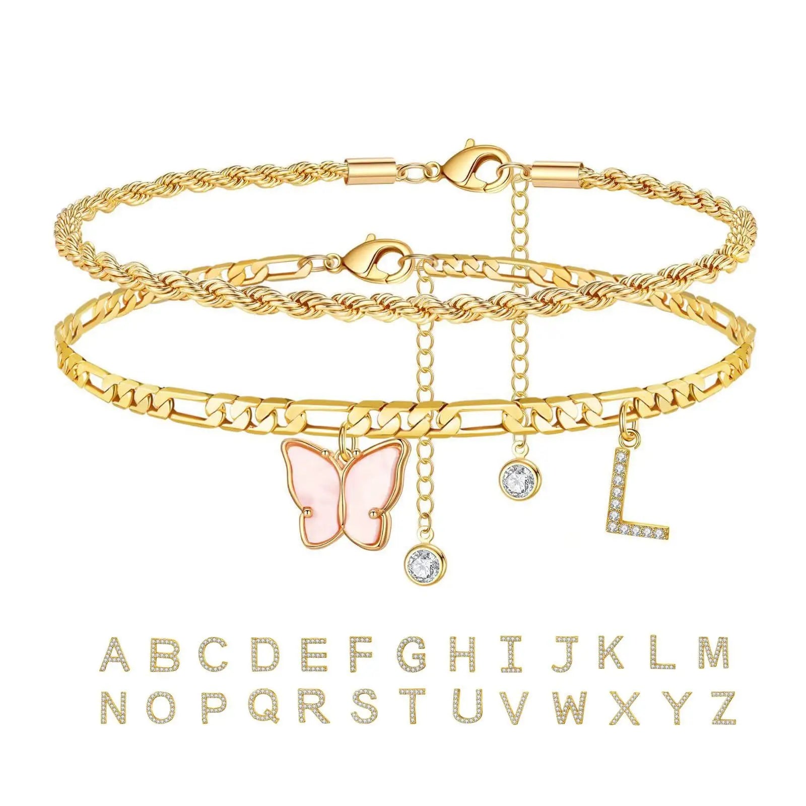 2Pcs Stainless Steel Initial Anklet Set For Women 26 Letter Acrylic Butterfly Charm Chain On Foot Summer Ankle Bracelet Jewelry Vera Lux