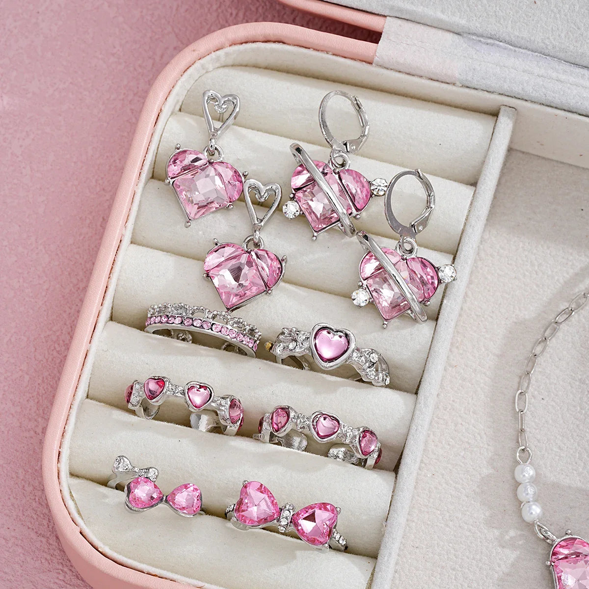 14 PCS Pink Craystal Heart Pendants Necklace Earrings Ring Bracelet Sets For Women Girl Fashion Jewelry Set Wedding Jewelry Gift Vera Lux