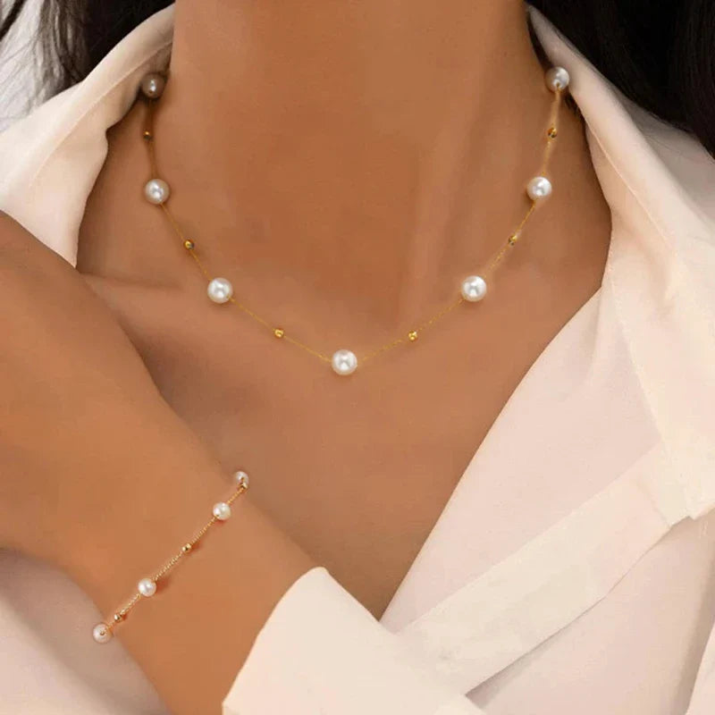 2 Pcs Exquisite Gold Color Bohemian Jewelry Set for Women Fashion Pearl Cross Pendant Necklace Bracelet Set Casual Jewelry Gifts Vera Lux