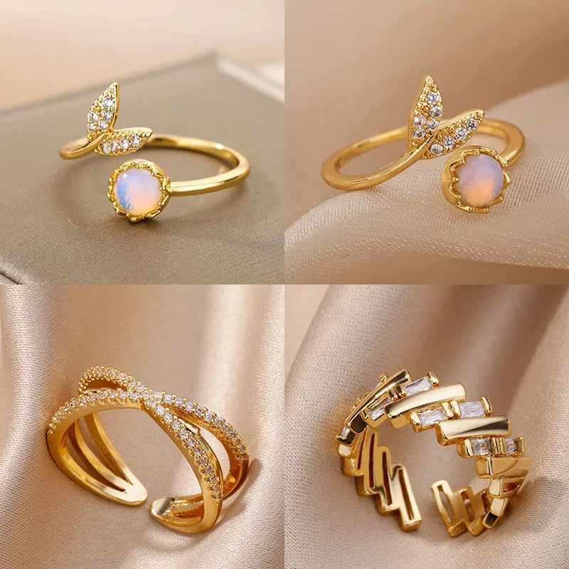 Fashion Leaves Opal Rings For Women Stainless Steel Opal Crystal Stone Leaves Finger Ring Engagement Bohemian Jewelry Gift Vera Lux