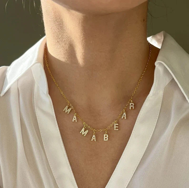 SUNIBI Customized  Name Necklace Personalized Zircon Letter Stainless Steel Choker Necklace Pendant Nameplate Gift Dropshipping Vera Lux