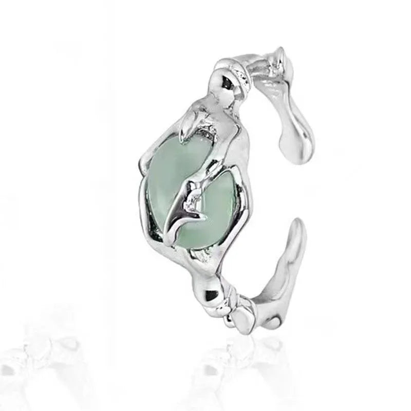 925 Sterling Silver plated Liquid Lava Hetian Jade Bamboo Ring for Women Girl Gift Irregular Vintage Jewelry Dropshipping Vera Lux