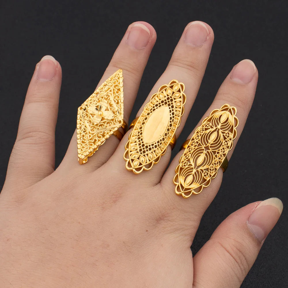 Luxury 18K Gold Plated Rings Copper Party Women Adjustable Long Rings Fashion Wedding Bride Round Opening Lady Finger Ring Gift Vera Lux