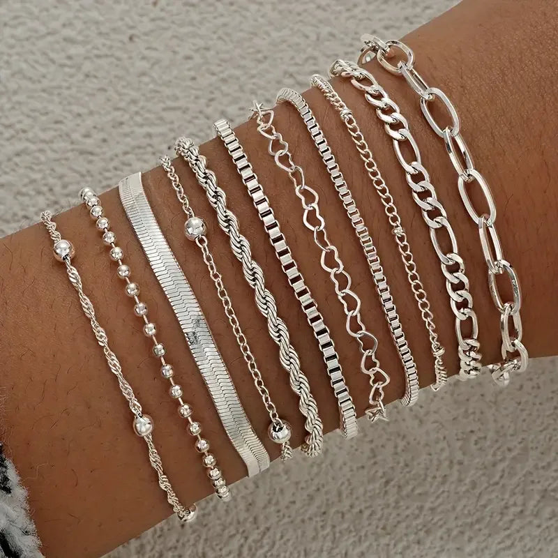 11pcs Chic Snake Chain Bracelet Set for Women Boho Simple Elegant Heart Geometric Chain Vacation Date Casual Jewelry Gifts 2025 Vera Lux