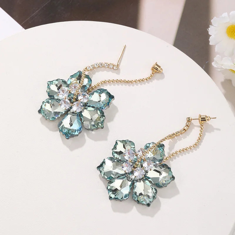 2025 New Colorful Purple Crystal Flower Dangle Drop Earrings for Women Trend Korea Fashion Luxury Wedding Party Banquet Jewelry Vera Lux